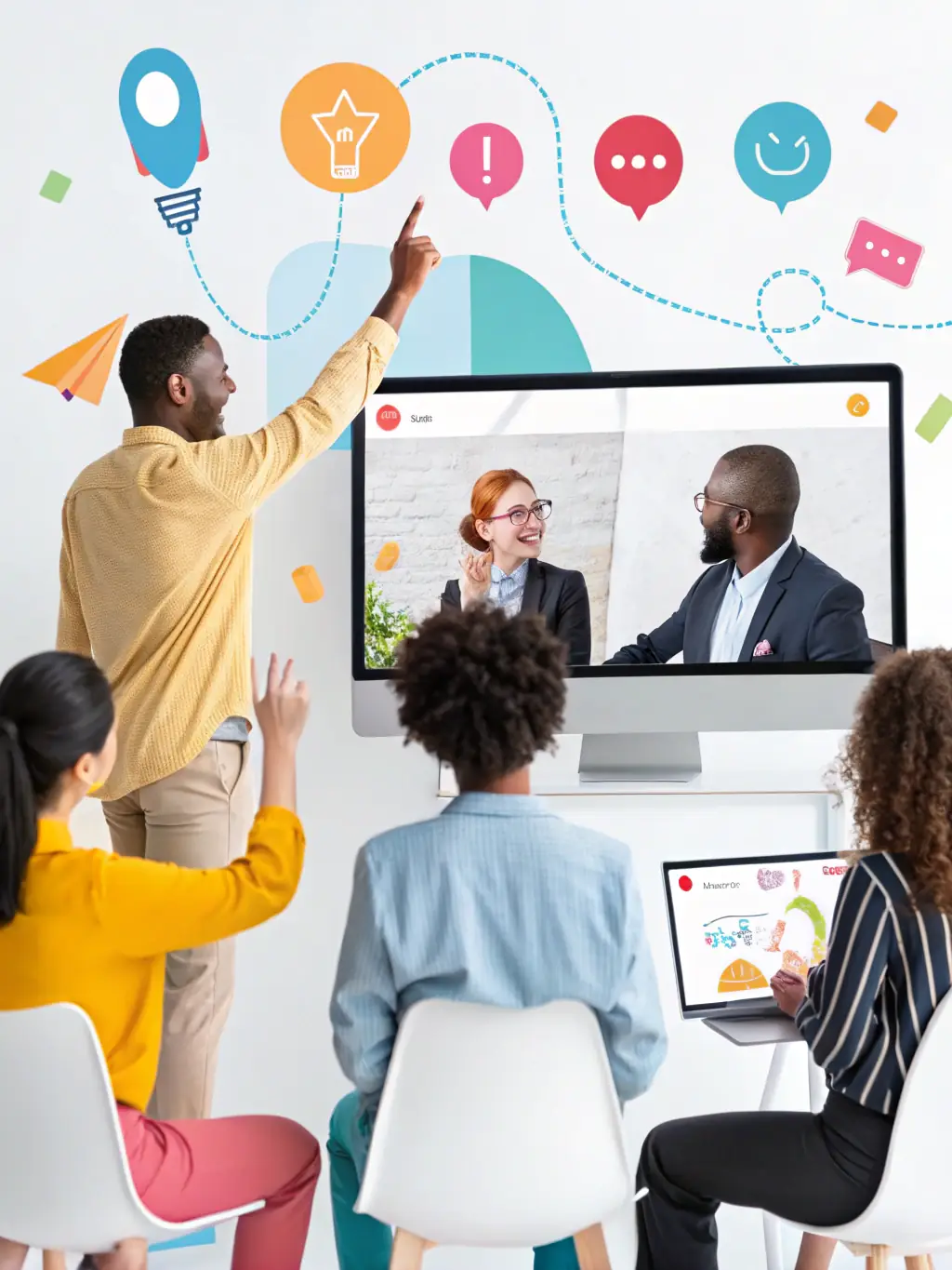 A professional coach facilitating a leadership training session, emphasizing team building and strategic thinking in a modern office environment.