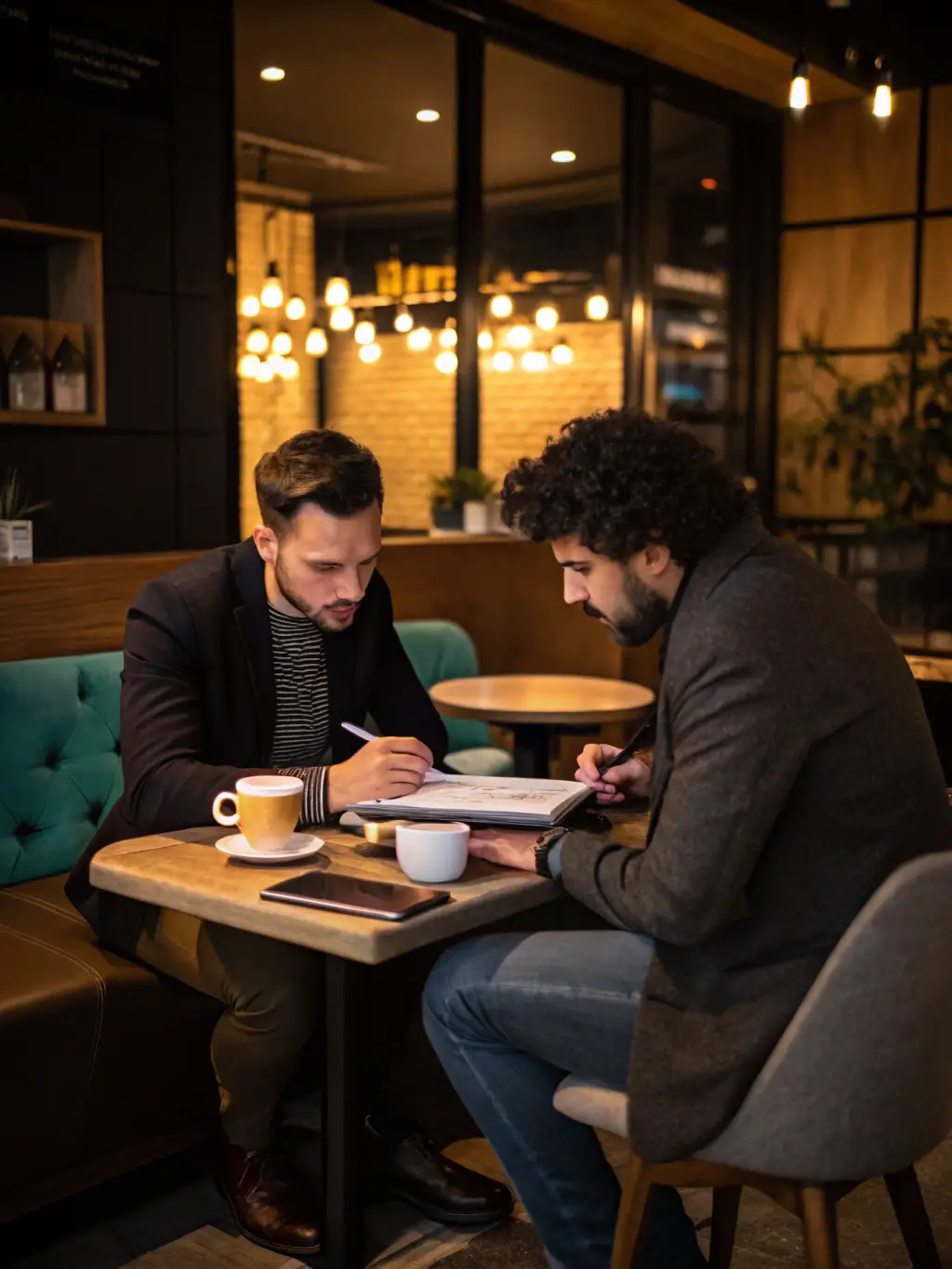 A Thrive coach is mentoring a young entrepreneur in a coffee shop, providing guidance on business planning and market analysis.