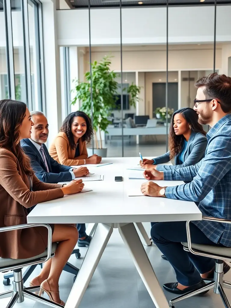 A diverse group of professionals is participating in a Thrive-led workshop, engaging in team-building activities and leadership exercises.
