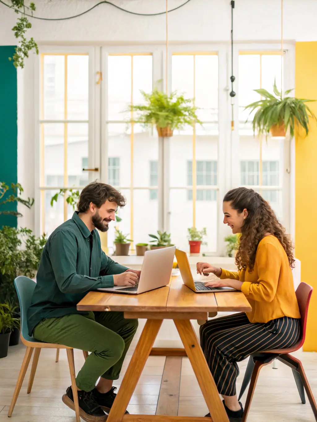 An entrepreneur is reviewing business plans with a Thrive coach in a vibrant co-working space, focusing on strategic growth and innovative solutions.